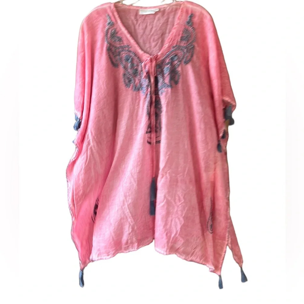 Shiraleah One Size Pink Gray Embroidered Tassels Boho Kimono Tunic Swim Cover
